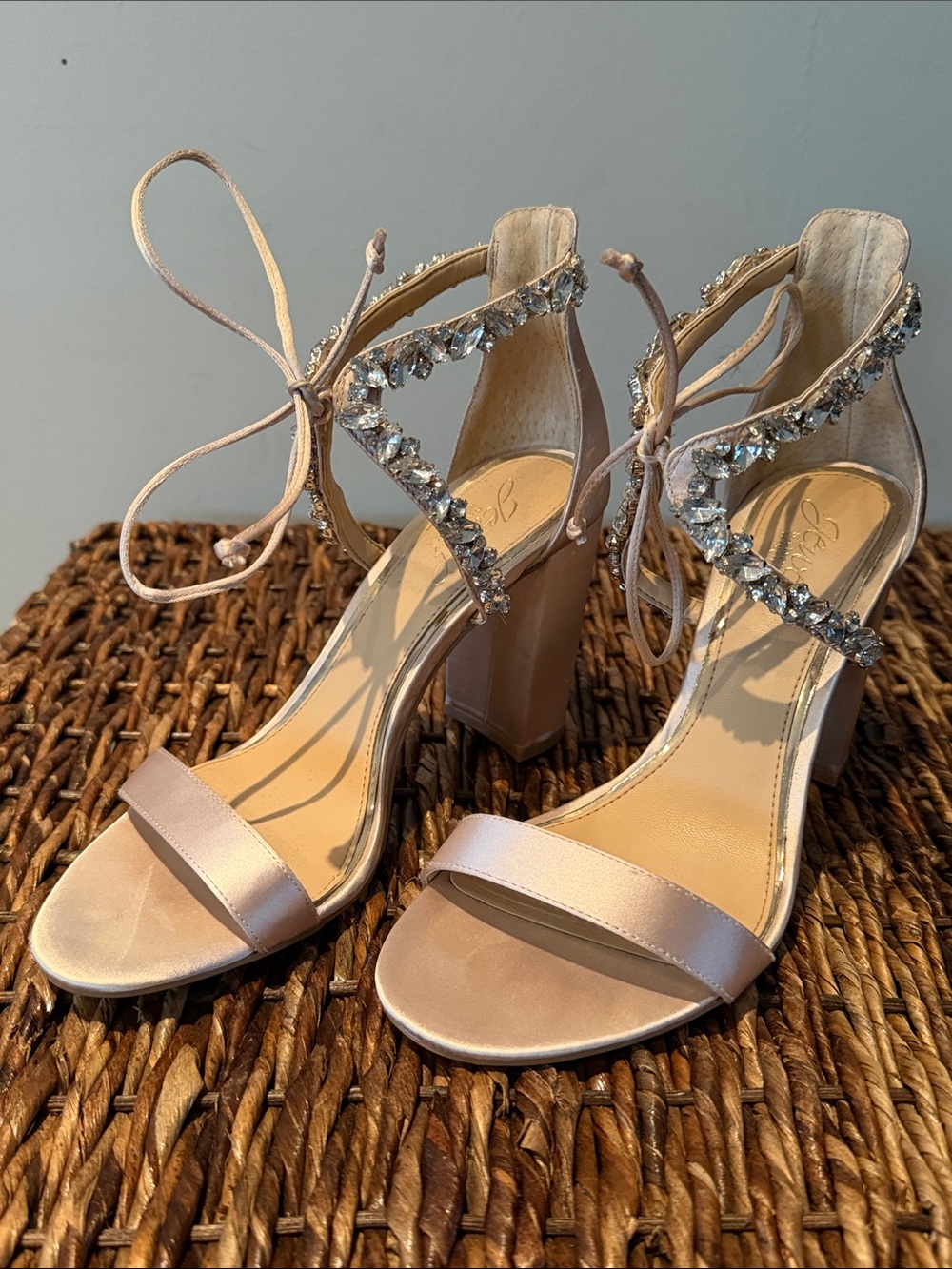 Jewel Badgley Mischka Blush Crystal-Strap Block Heel Sandals